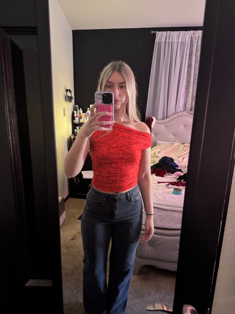 Red One-Shoulder Lace-Print Women's Top